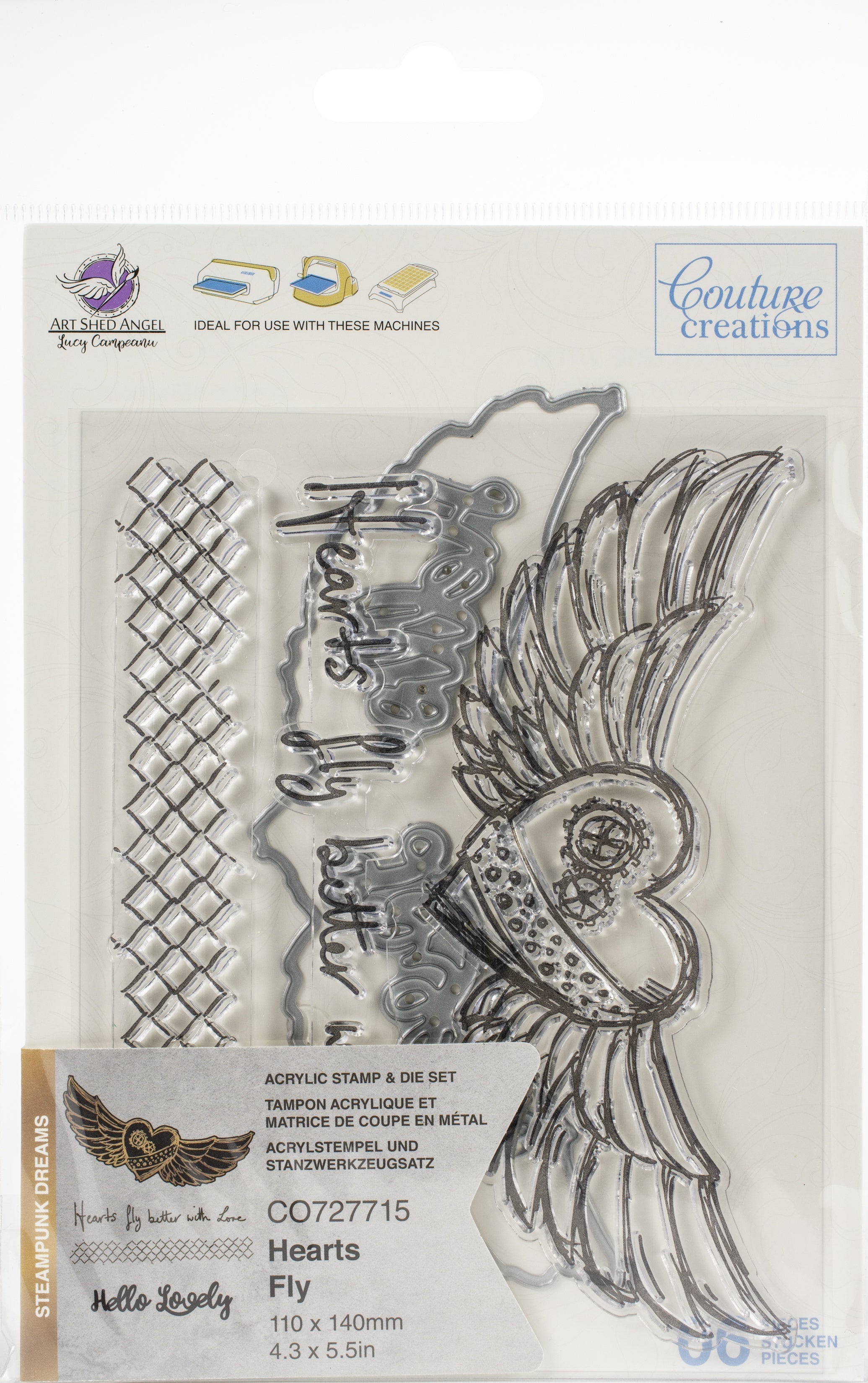 Artdeco Creations Couture Creations Steampunk Dreams Stamp & Die Set - Hearts Fly 4.3"X5.5"