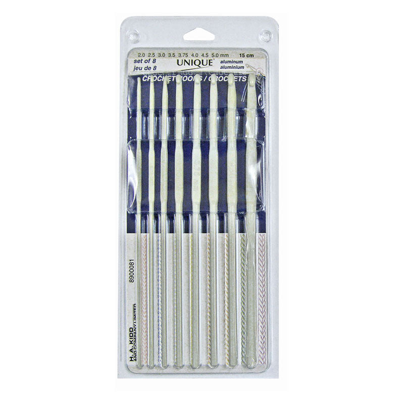 Unique 15cm AL Crochet Hook Asstd 8pcs (2.00mm to 5.00mm)