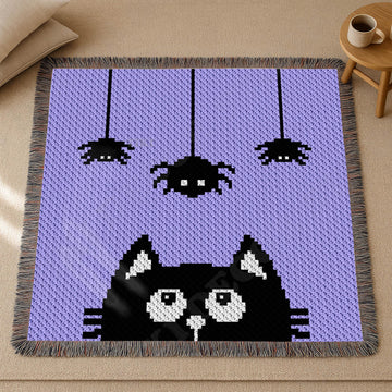 Happy Halloween Black Cat Lilac Blanket Spooky Throw C2C CROCHET PATTERN