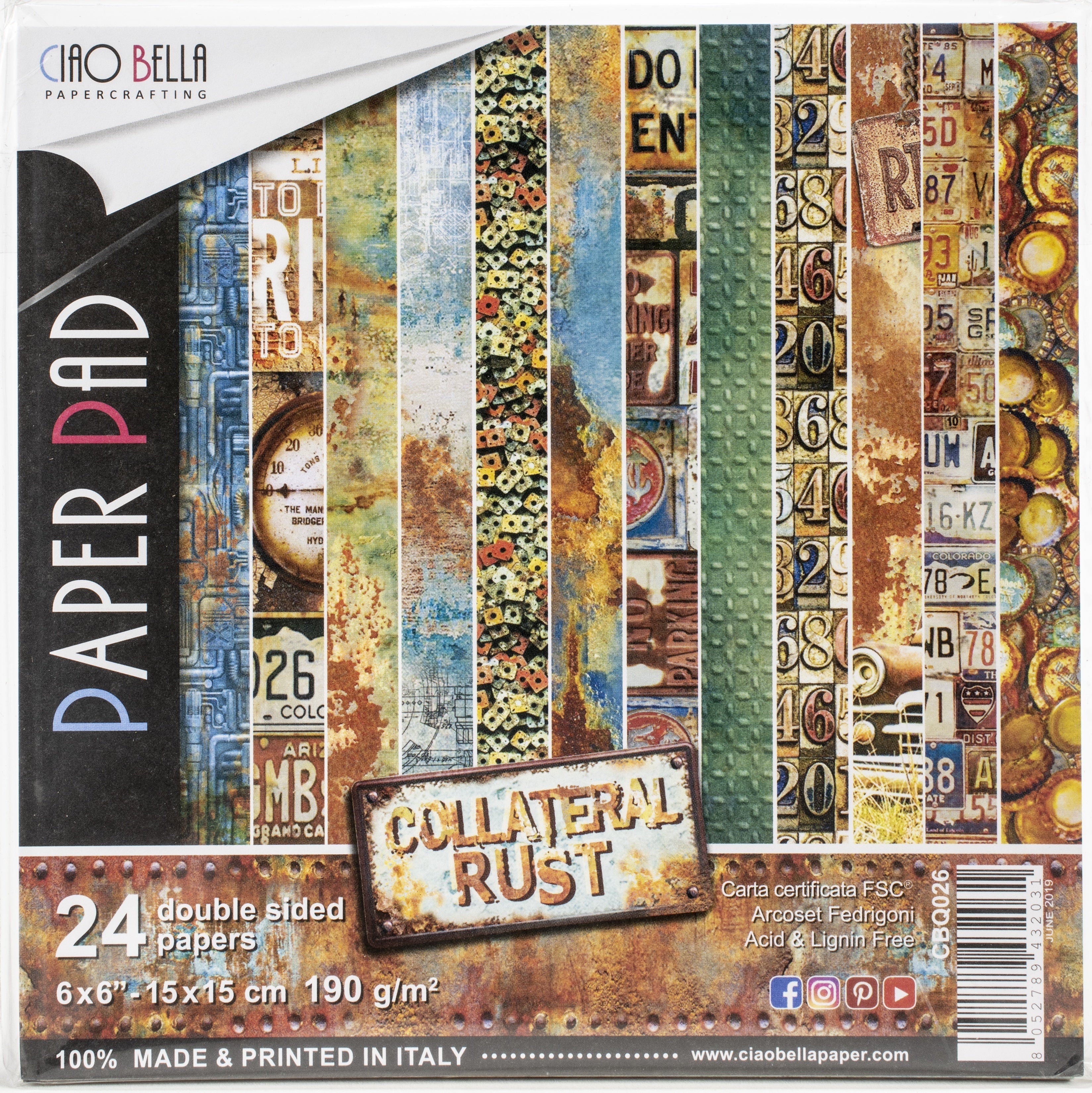 Ciao Bella Double-Sided Paper Pack 90lb 6"X6" 24/Pkg - Collateral Rust, 12 Designs/2 Each