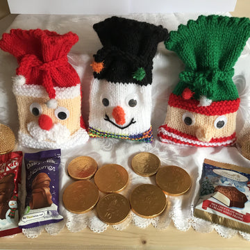 DK knitting pattern Santa, Snowman & Elf chocolate treat gift bag pouches