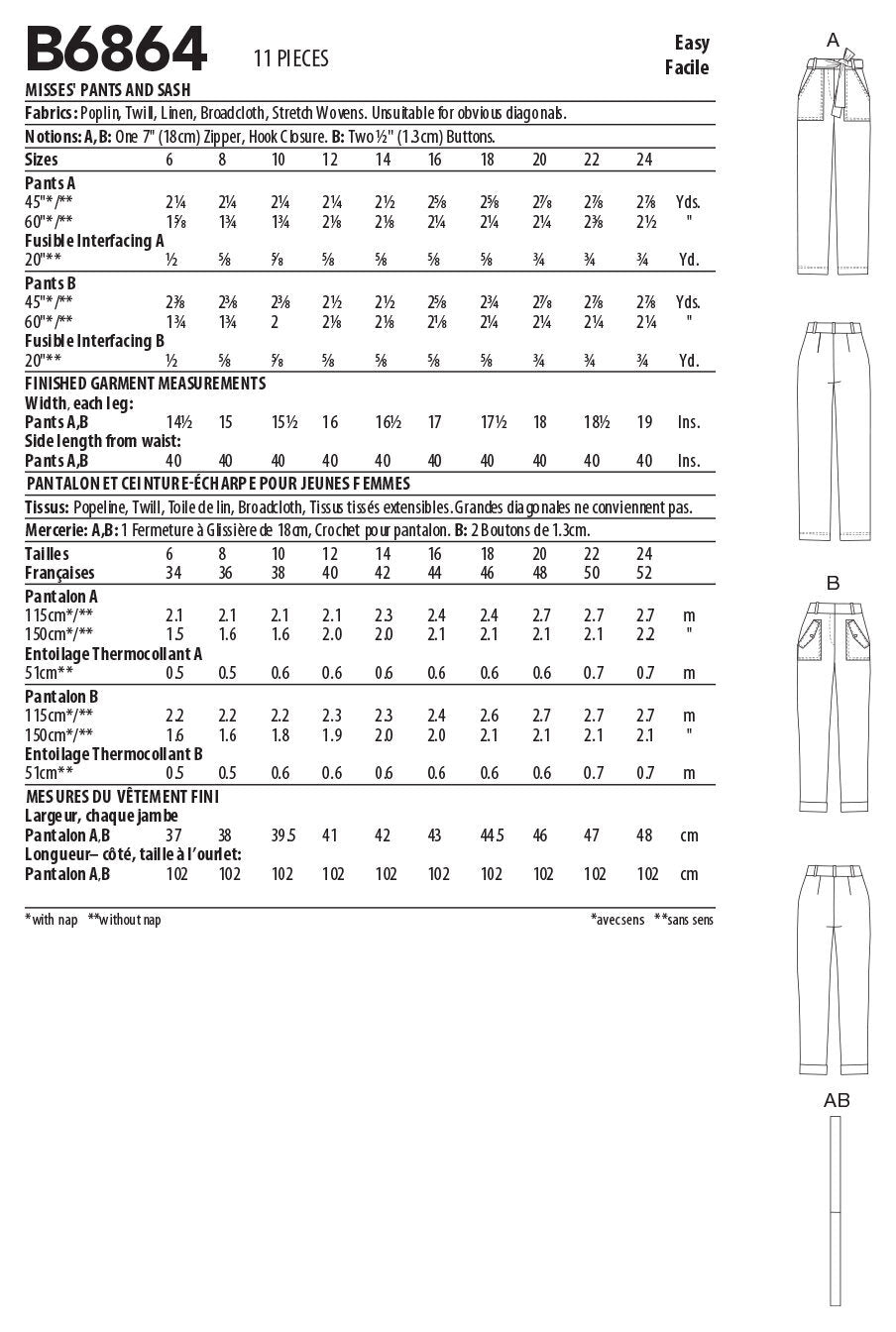 Butterick Misses' Pants and Sash B6864 - Sewing Pattern