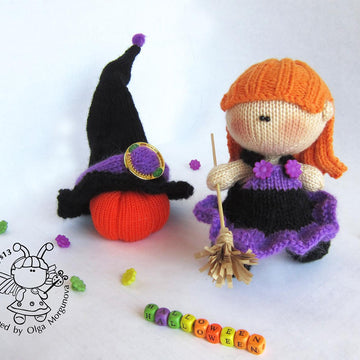 Young Witch doll and Pumpkin knitted flat