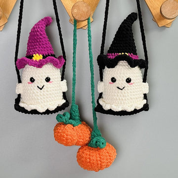 Ghost Witch Hats Sit on Swing Pumpkins crochet