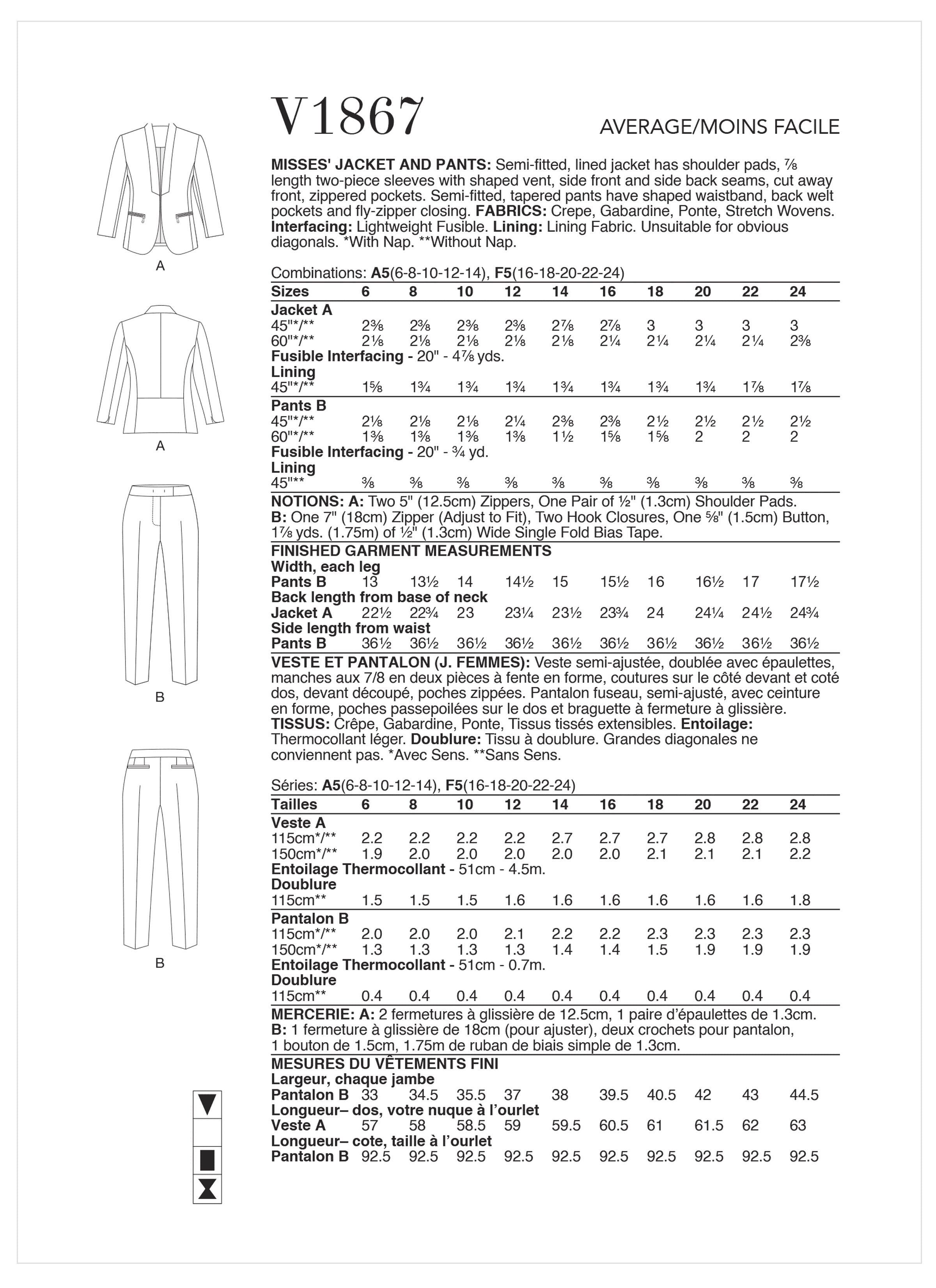 Vogue Misses' Jacket and Pants V1867 - Sewing Pattern