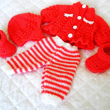 Dolls clothes knitting pattern for a 14-15 inch doll, frilled cardigan, leggings, Hat and Boots