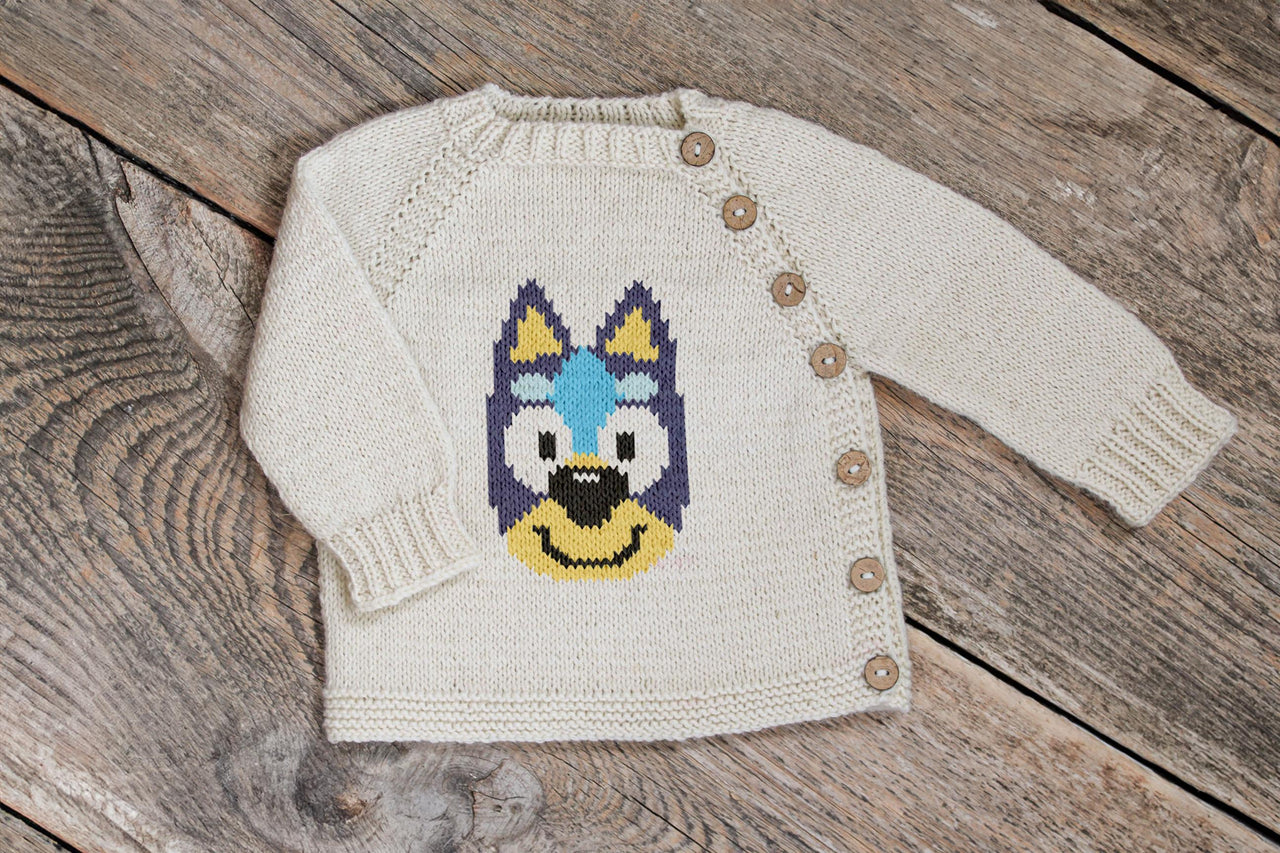 Blue Cartoon Puppy Knit kids sweater Bluey Knitting Pattern