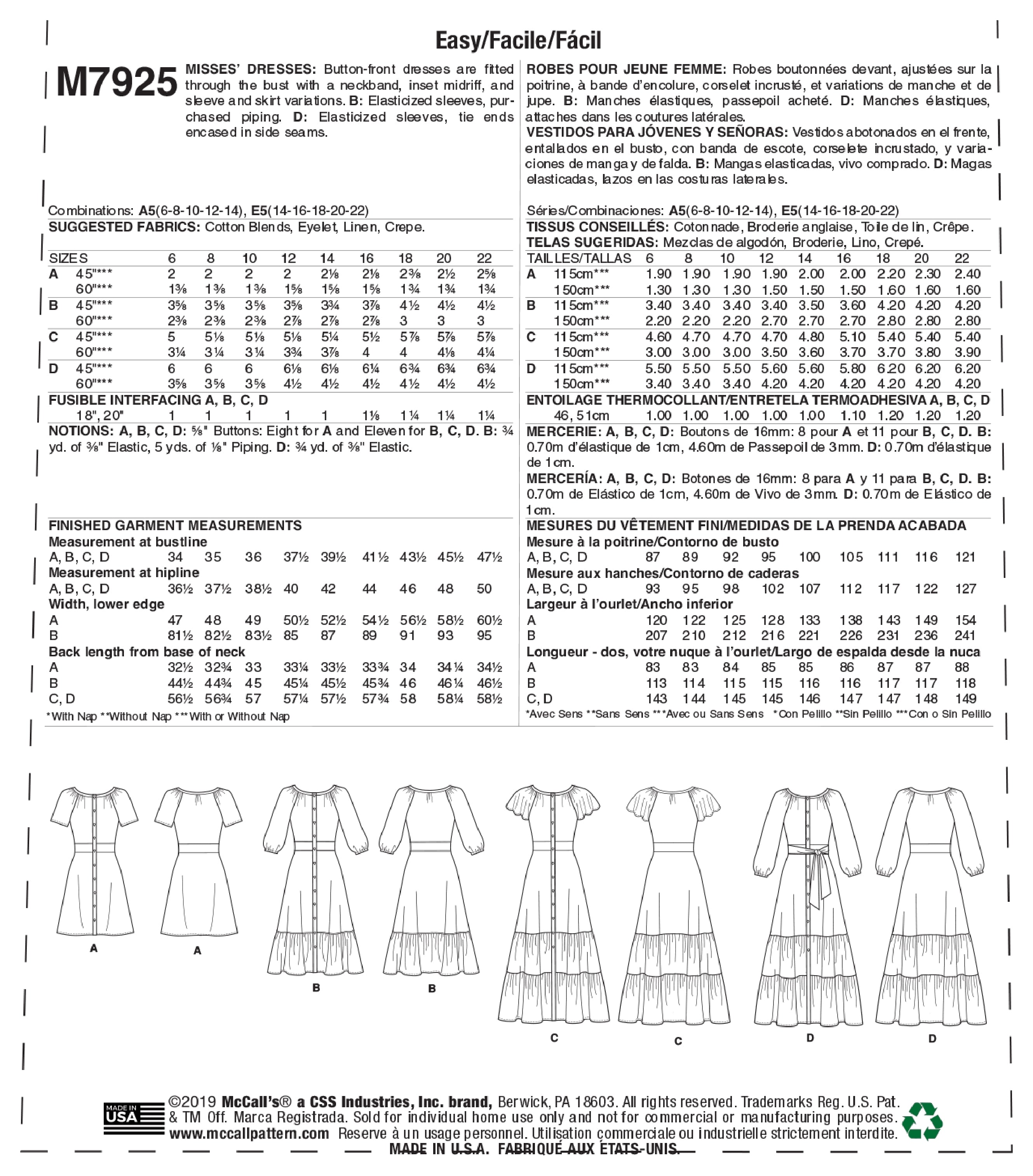 McCall's Misses' Dresses M7925 - Sewing Pattern