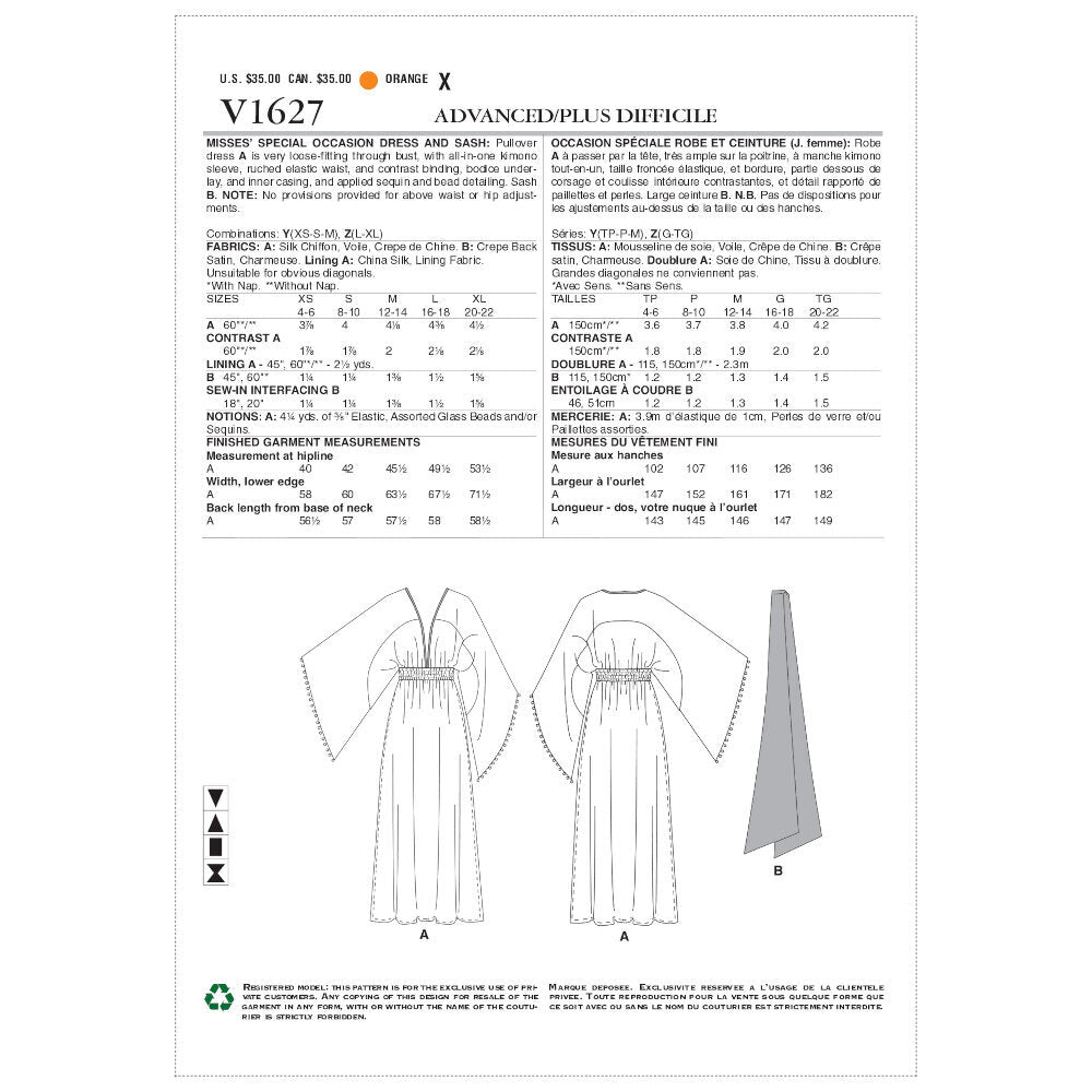 Vogue Misses' Special Occasion Dress and Sash V1627 - Sewing Pattern