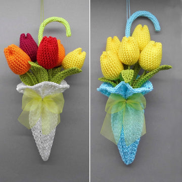 Häkel-Deko Tulpen im Regenschirm für Tür und Tisch - aus Wollresten