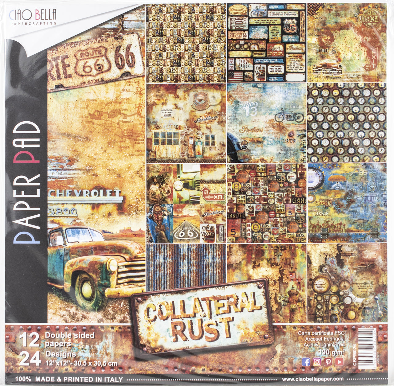 Ciao Bella Double-Sided Paper Pack 90lb 12"X12" 12/Pkg - Collateral Rust, 12 Designs/2 Each