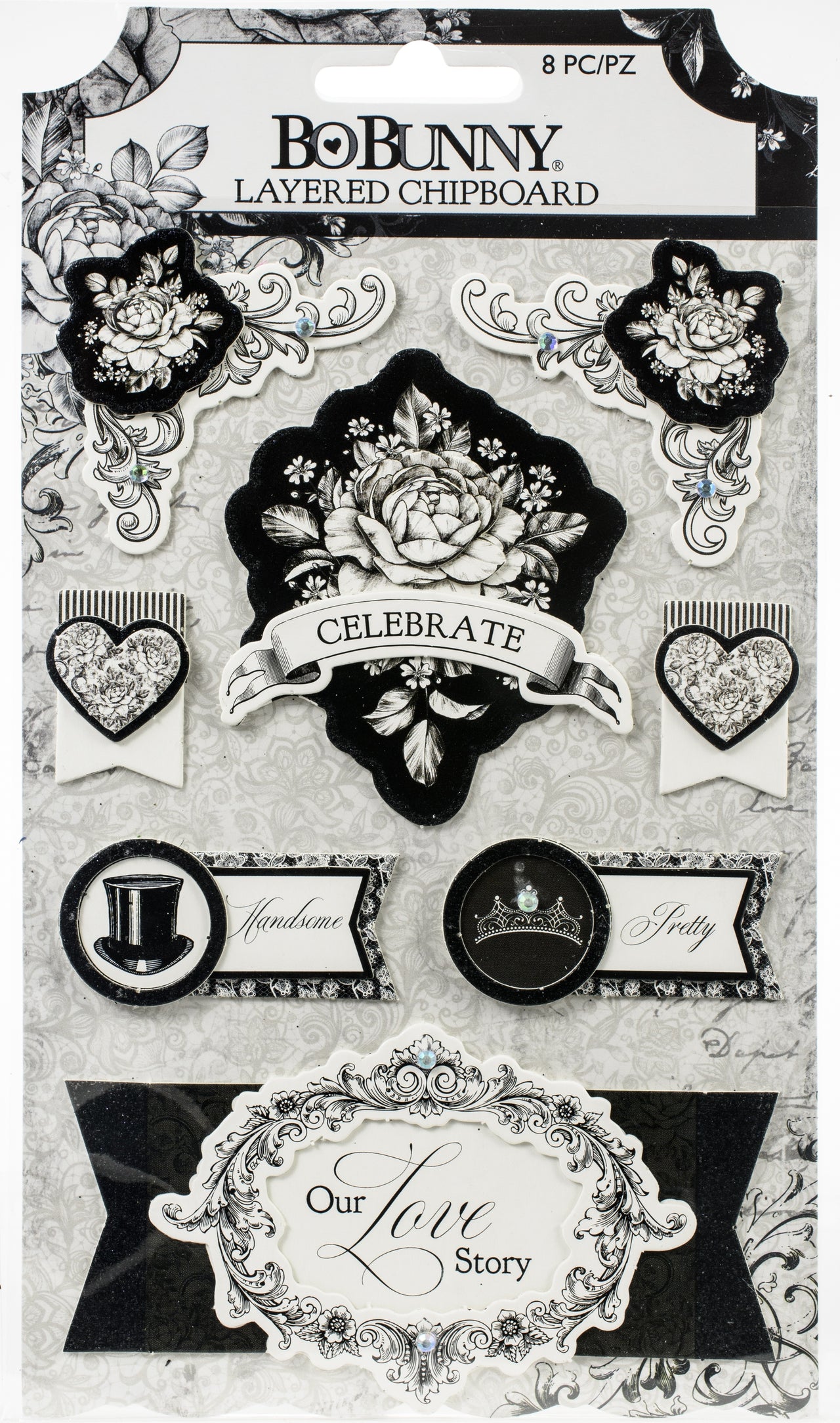 American Crafts Tuxedos & Tiaras Adhesive Layered Chipboard 8/Pkg - W/Black Glitter Accents