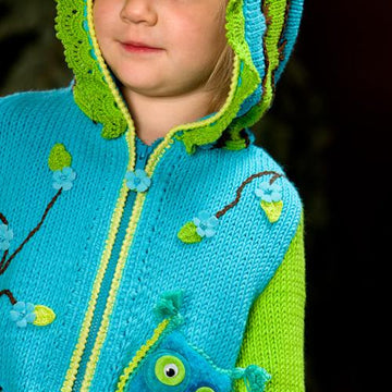 Whimsical Forest. Owl Hand knitted jacket with crochet details