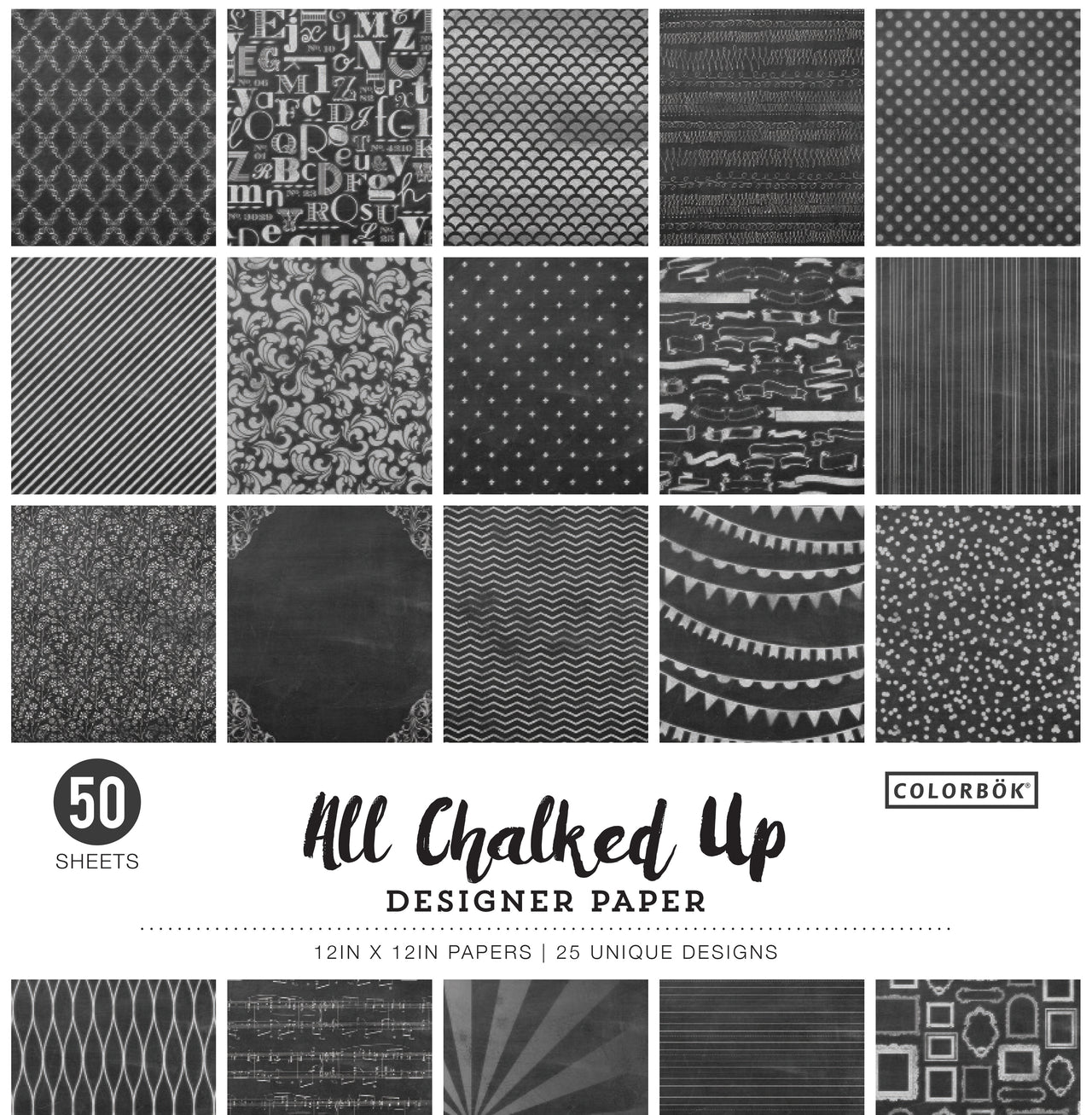 American Crafts Colorbok 68lb Designer Single-Sided Paper 12"X12" 50/Pkg - All Chalked Up, 25 Designs/2 Each