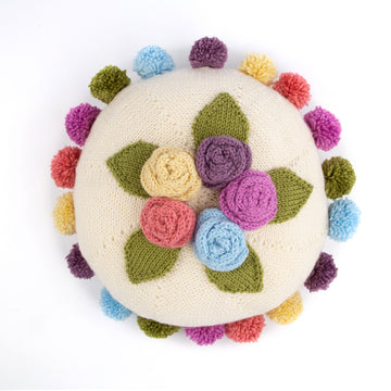 Round Shabby chic floral cushion with pom poms