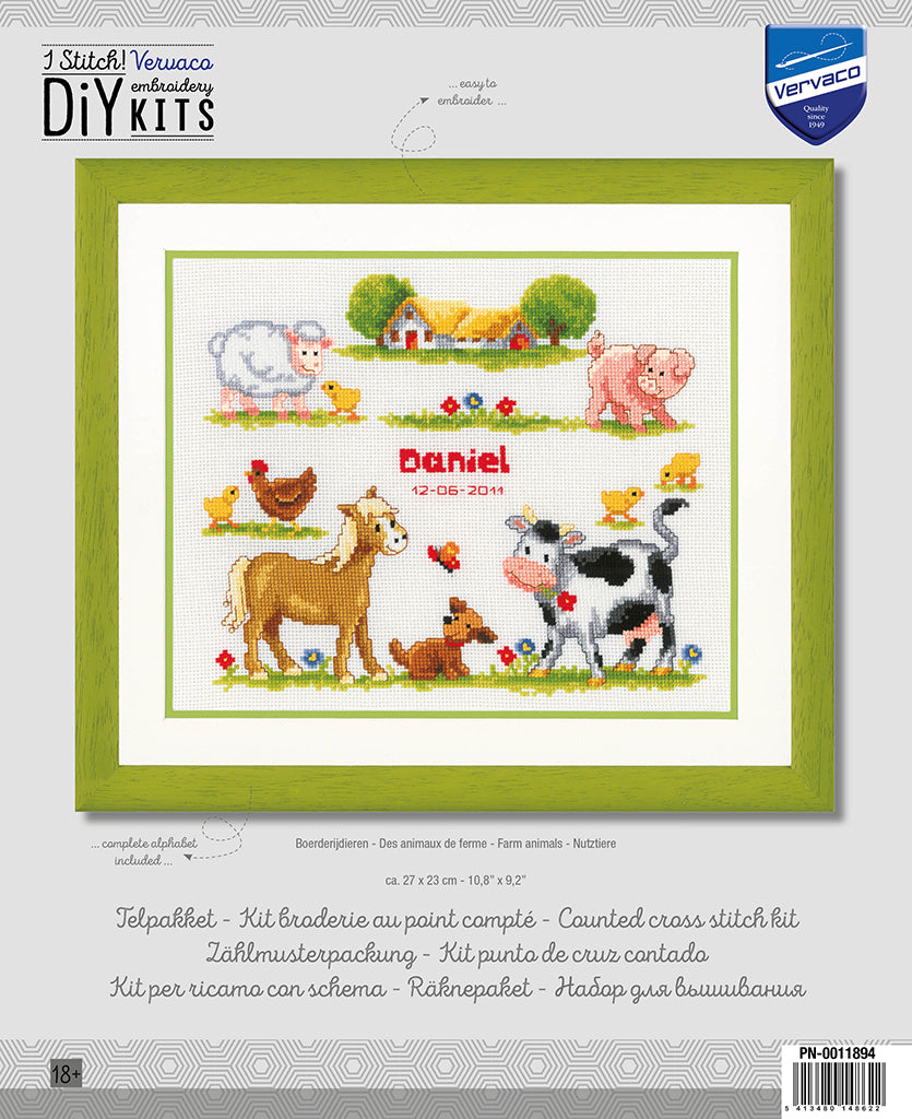 Vervaco At The Farm Birth Sampler Cross Stitch Kit - 27cm x 23cm