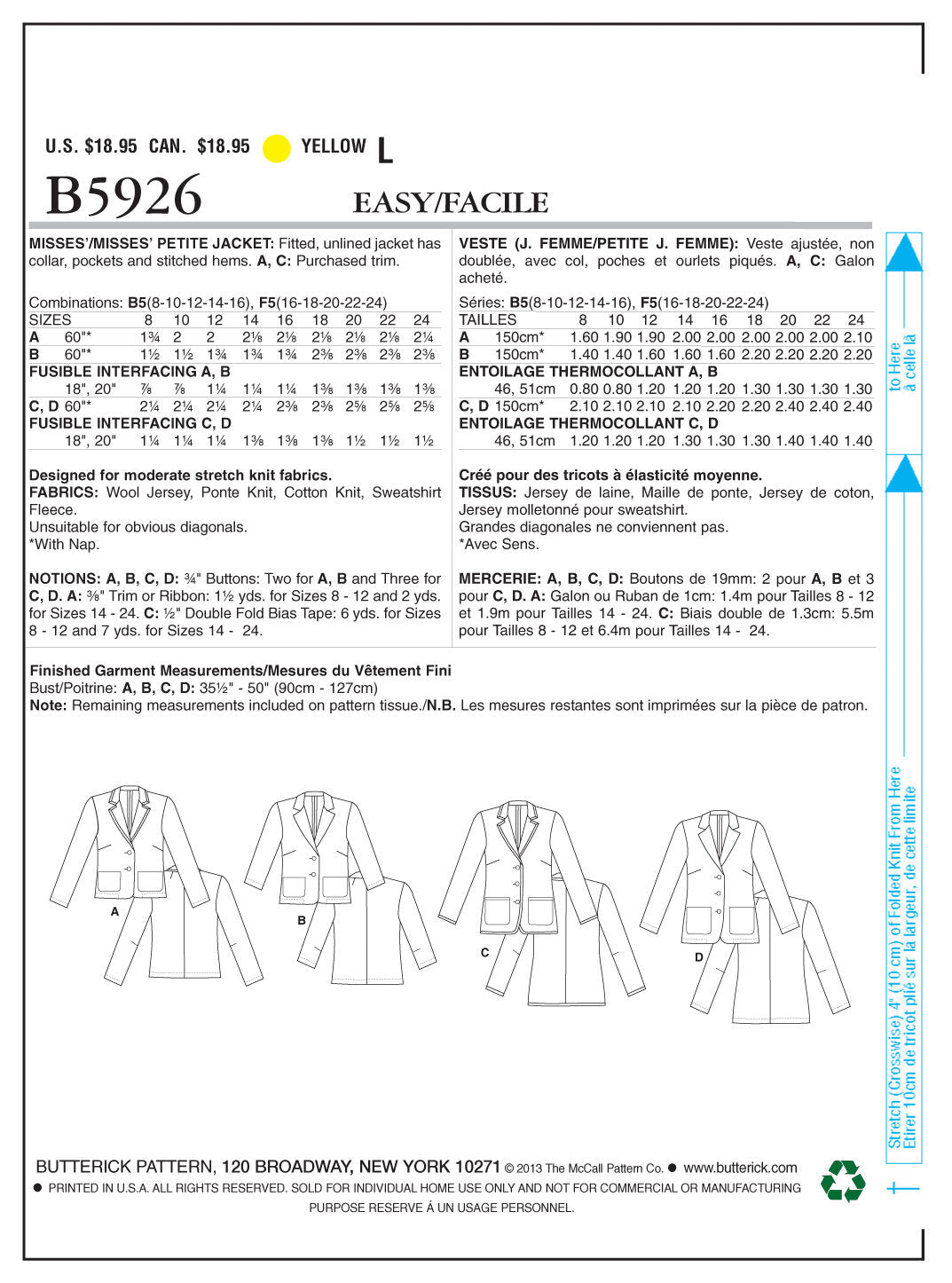 Butterick Misses'/Misses' Petite Jacket B5926 - Sewing Pattern