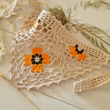 Boho Bandana with Floral Motif, Freeform Mesh and Filet Crochet Design (H8)
