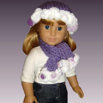 PomPom hat and scarf, fits 18 inch, American Girl Doll 105