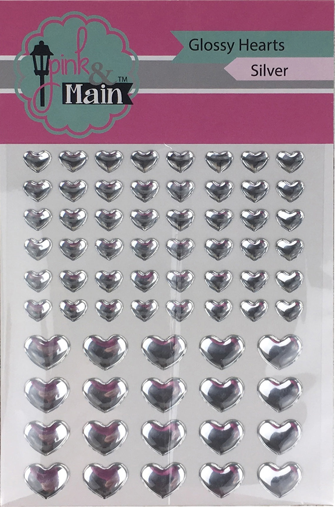 Pink & Main Glossy Adhesive Enamel Hearts 68/Pkg - Silver
