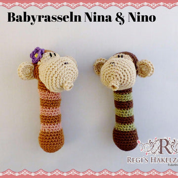 Knuddlige Babyrasseln Äffchen Nino & Nina Häkelanleitung