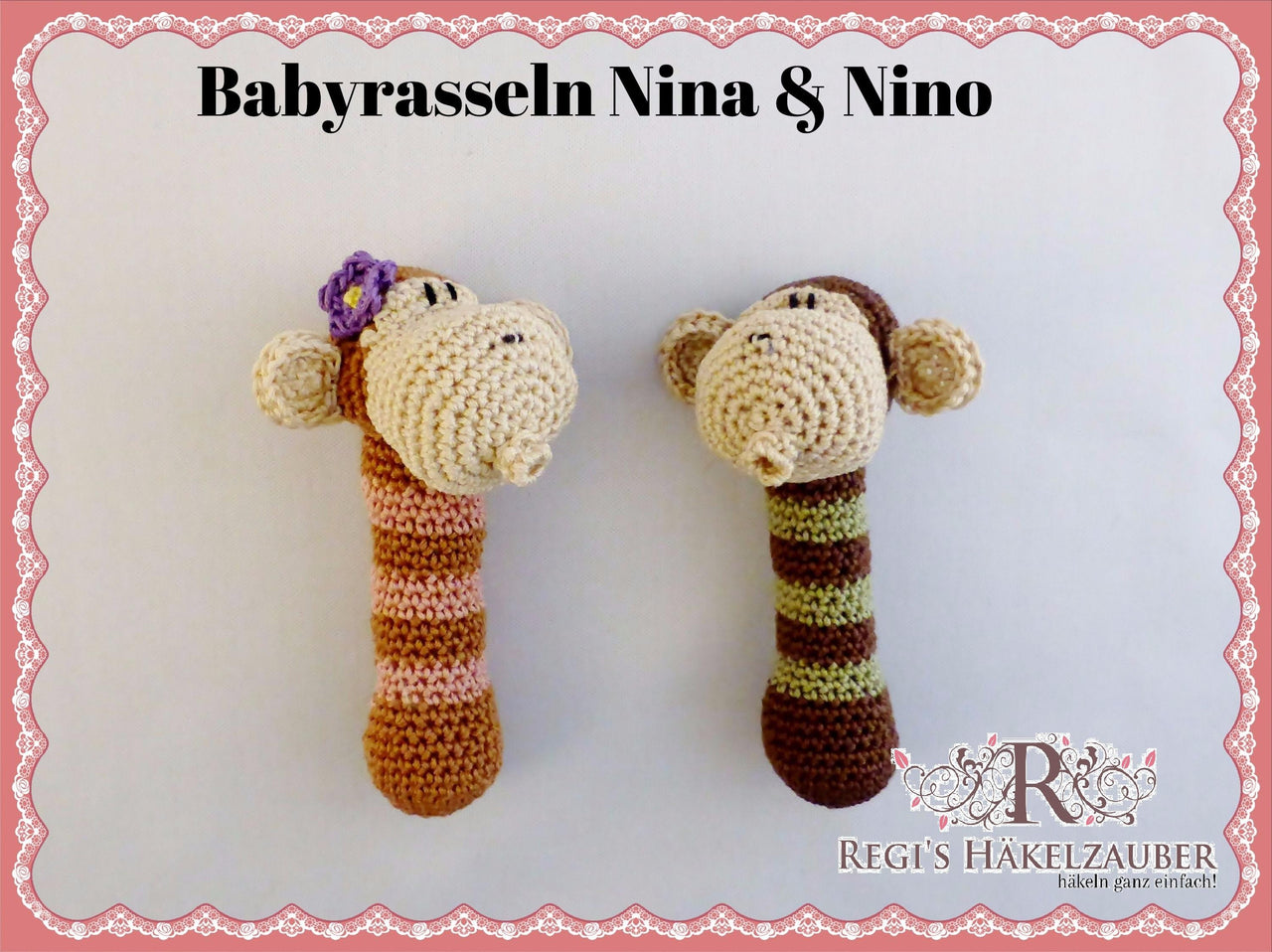 Knuddlige Babyrasseln Äffchen Nino & Nina Häkelanleitung