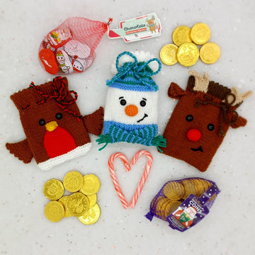 Christmas DK Knitting Pattern Chocolate Coin Bags Charity Robin Snowman Reindeer