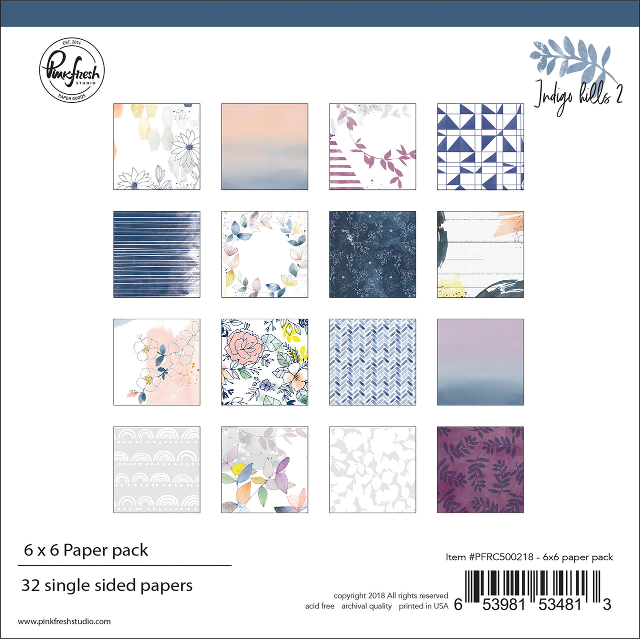 Pinkfresh Studio Single-Sided Paper Pack 6"X6" 32/Pkg - Indigo Hills 2, 16 Designs/2 Each