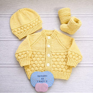 Annabeth Cardigan, Hat & Booties, 16-20 inch chest 0-12mths