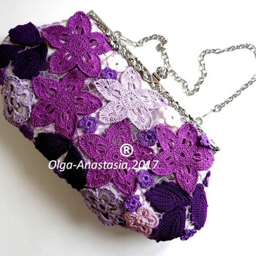 Evening bag purple with Irish crochet lace pattern