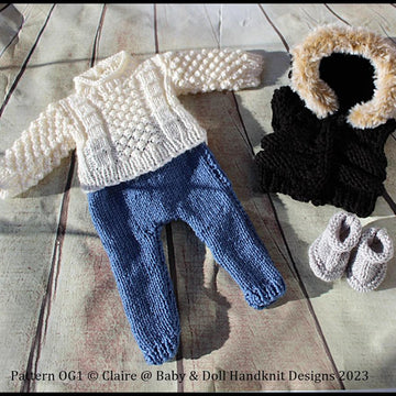 Knitting Pattern OG1 Jeggings, Sweater, Bodywarmer & Boots to fit 18 inch Fashion Doll