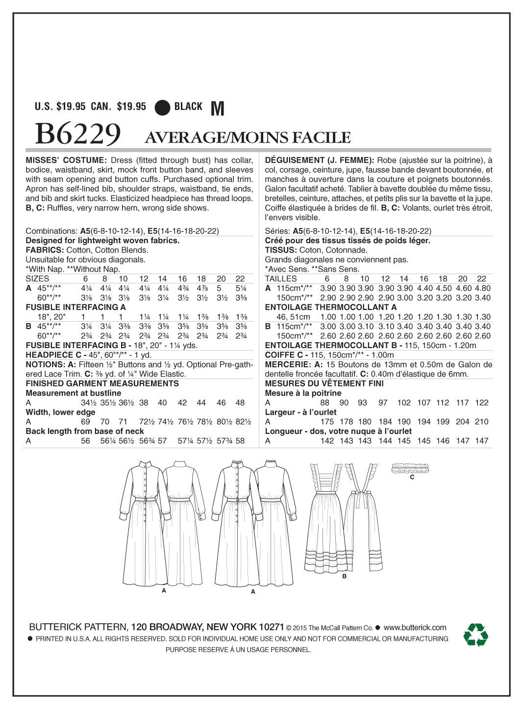 Butterick Misses' Costume B6229 - Sewing Pattern