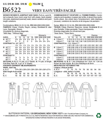Butterick Misses'/Women's Jumpsuit and Sash B6522 - Sewing Pattern