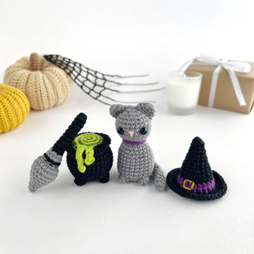 Halloween witch bundle crochet patterns, Black cat, Witch hat, Cauldron, Broom Amigurumi pattern