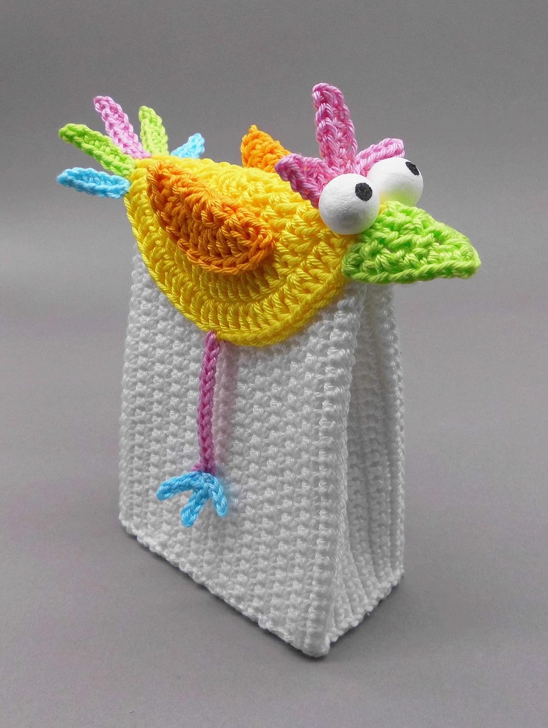 Geschenk-Tüte Gutschein-Tasche Bunter Vogel - einfach aus Wollresten
