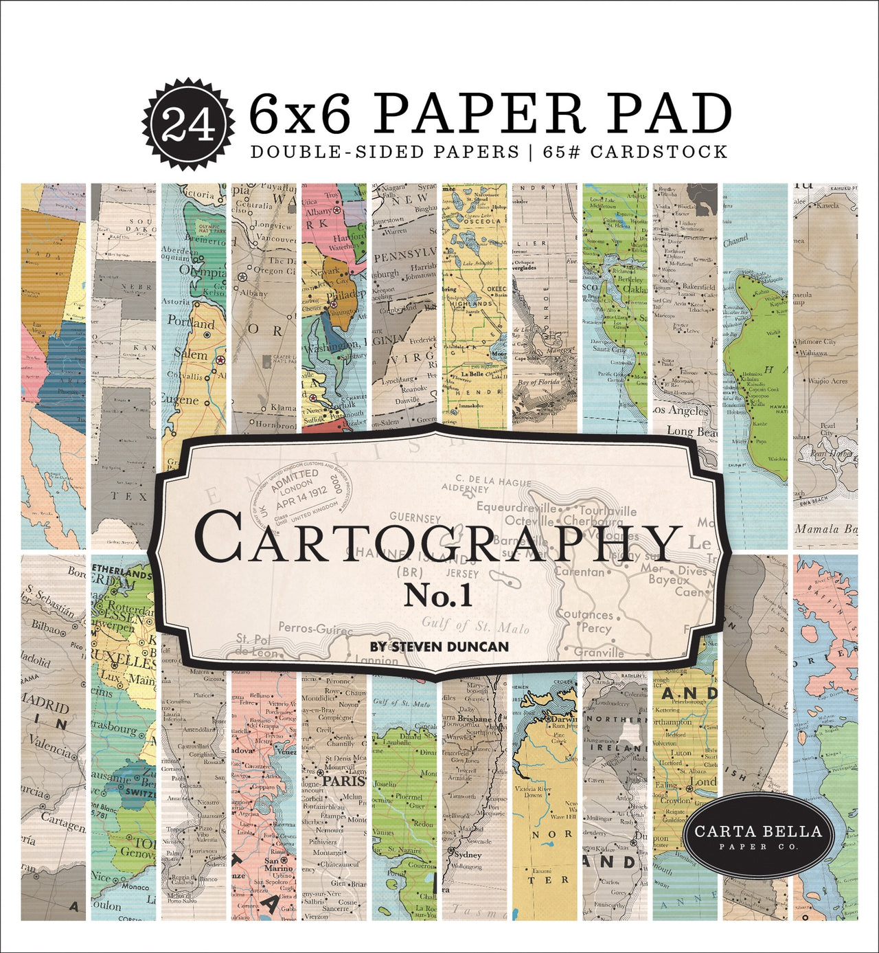 Echo Park Paper Carta Bella Double-Sided Paper Pad 6"X6" 24/Pkg - Cartography No.1, 12 Designs/2 Each