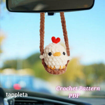 Chicken on a swing crochet pattern pdf, Baby chicken plushie car hanger crochet, Easter car decor, Chicken lover gift handmade car accessory