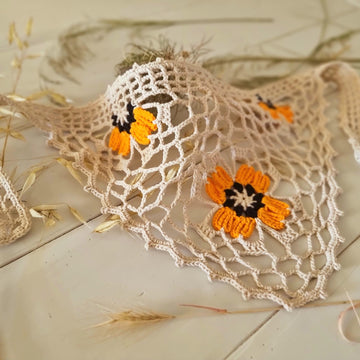 Boho Bandana with Floral Motif, Freeform Mesh and Filet Crochet Design (H8)