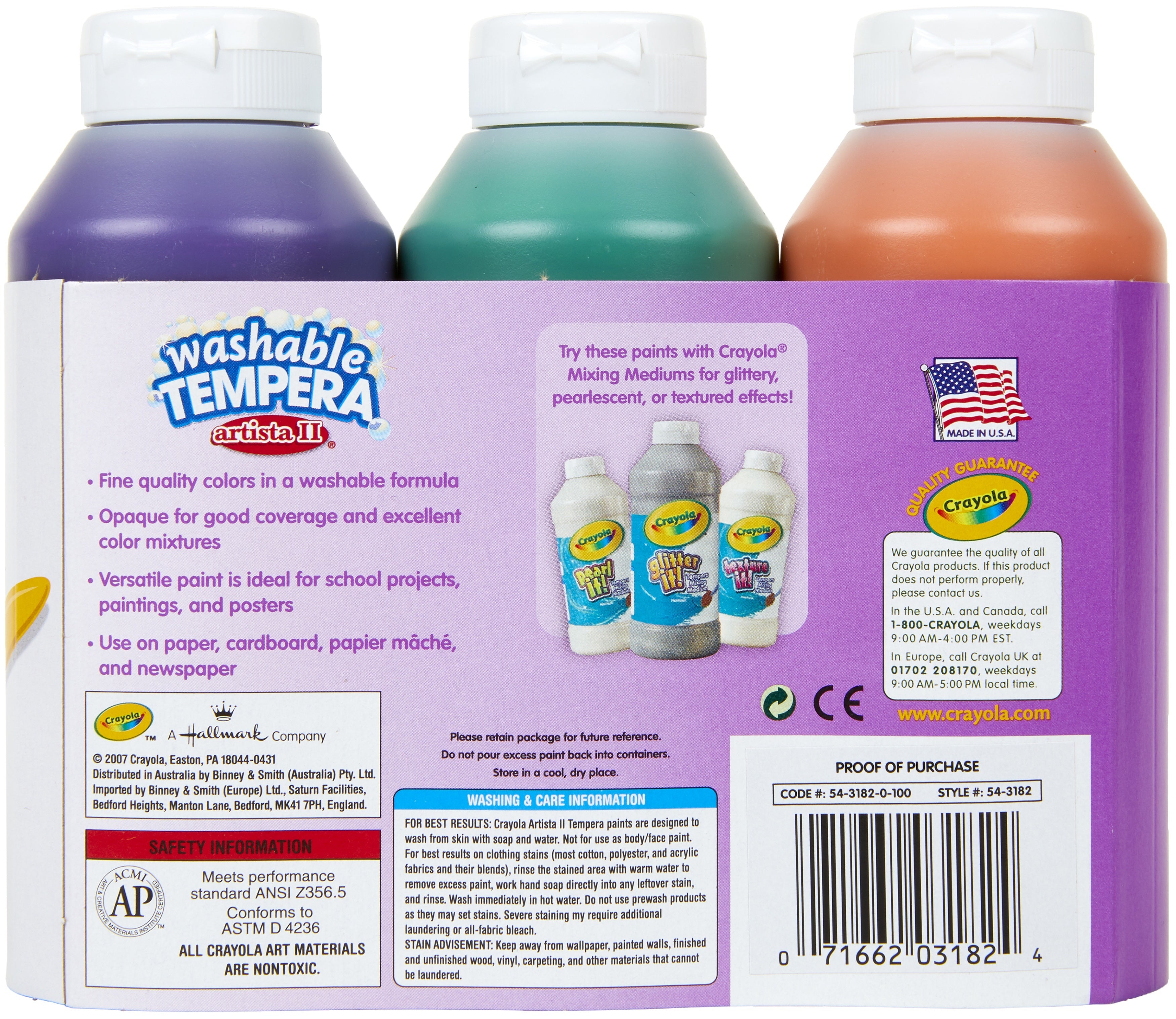 Crayola Artista II Washable Tempera Paint 8oz 3/Pkg - Secondary