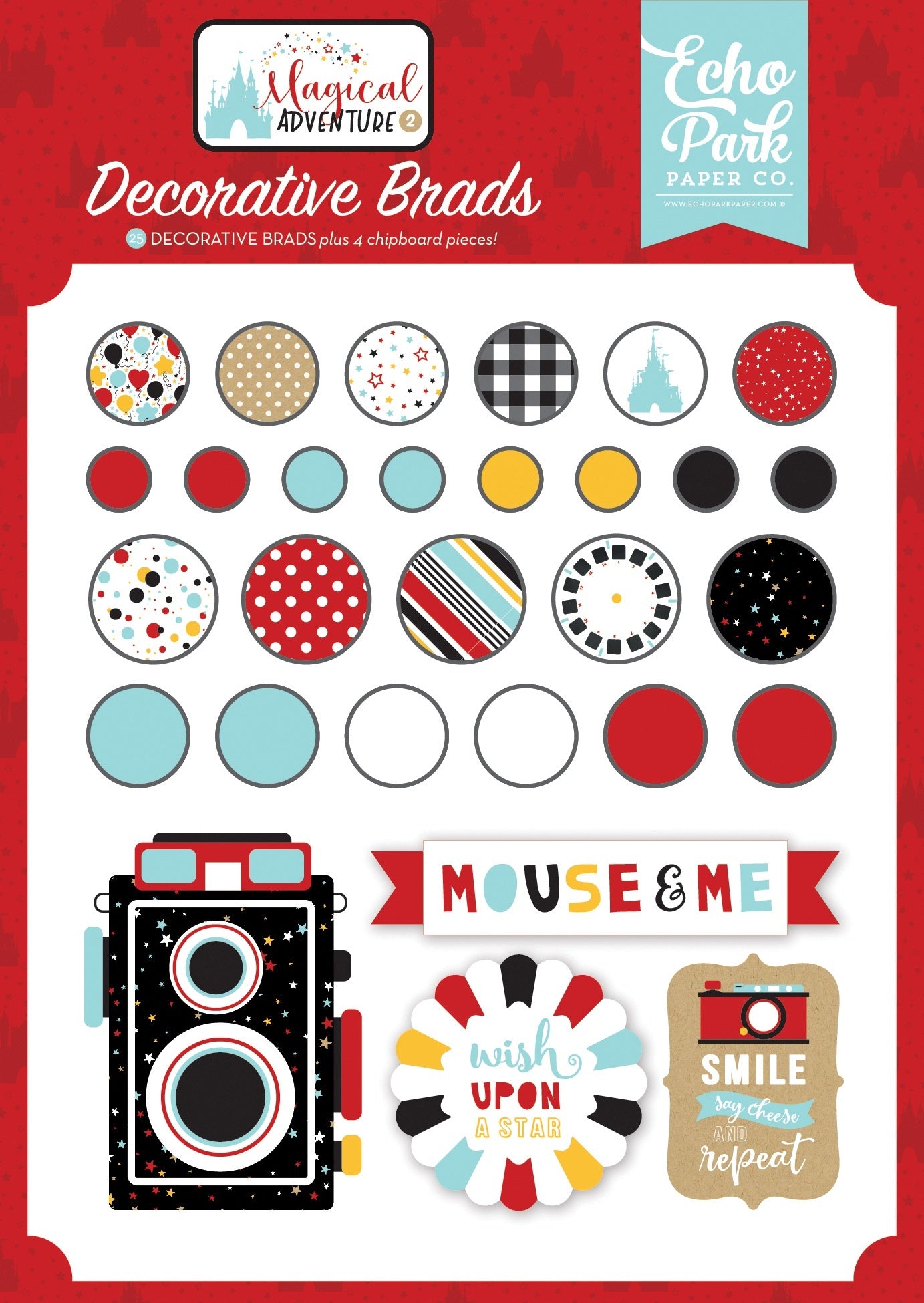 Echo Park Paper Echo Park Decorative Brads - Magical Adventure, 25/Pkg + 4 Chipboard