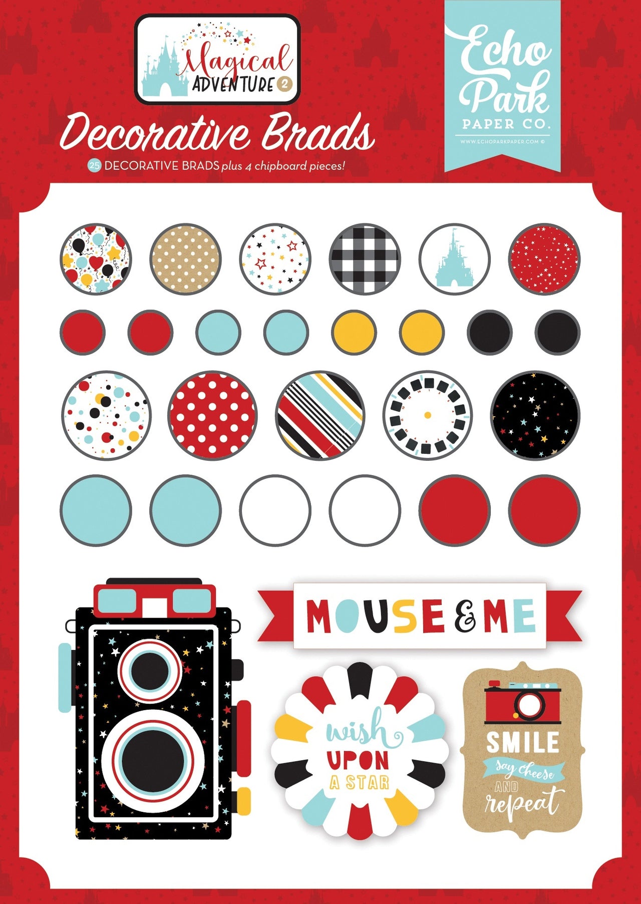 Echo Park Paper Echo Park Decorative Brads - Magical Adventure, 25/Pkg + 4 Chipboard