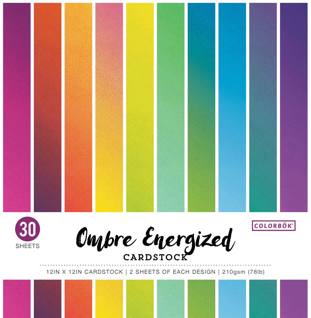 American Crafts Colorbok 78lb Single-Sided Printed Cardstock 12"X12" 30/Pkg - Ombre Energized, 15 Colors/2 Each