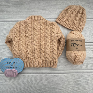 Brook Cardigan, hats & booties. 16-22 inch chest