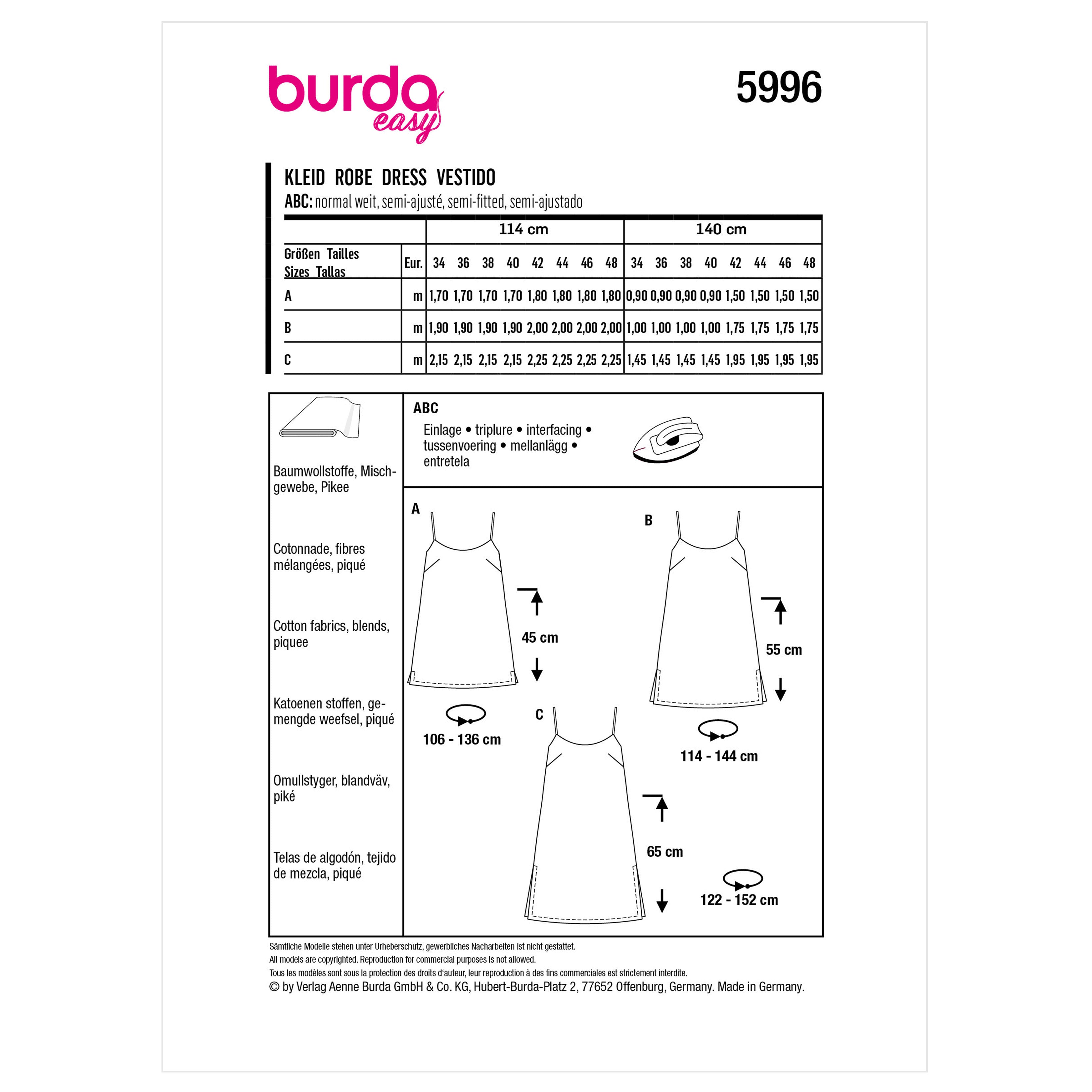 Burda Style Easy Dress B5996 - Paper Pattern, Size 34 - 48
