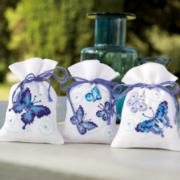 Vervaco Blue Butterflies Potpourri Bags - Pack of 3 Cross Stitch Kit - 8cm x 12cm