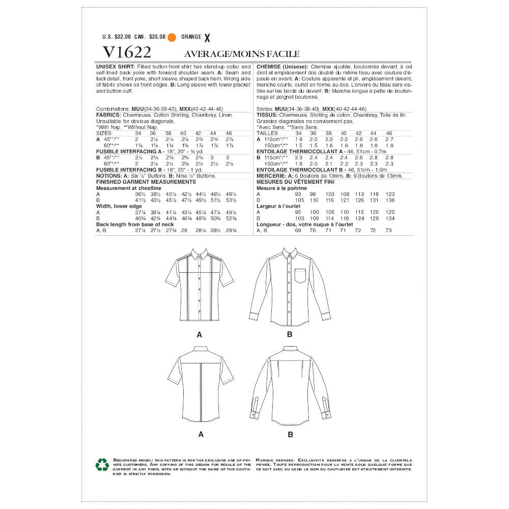 Vogue Unisex Shirt V1622 - Sewing Pattern