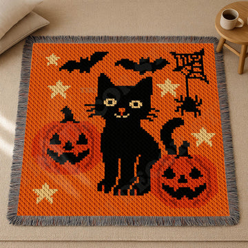 C2C CROCHET PATTERN Halloween Cat Spider Bat Stars Orange Blanket