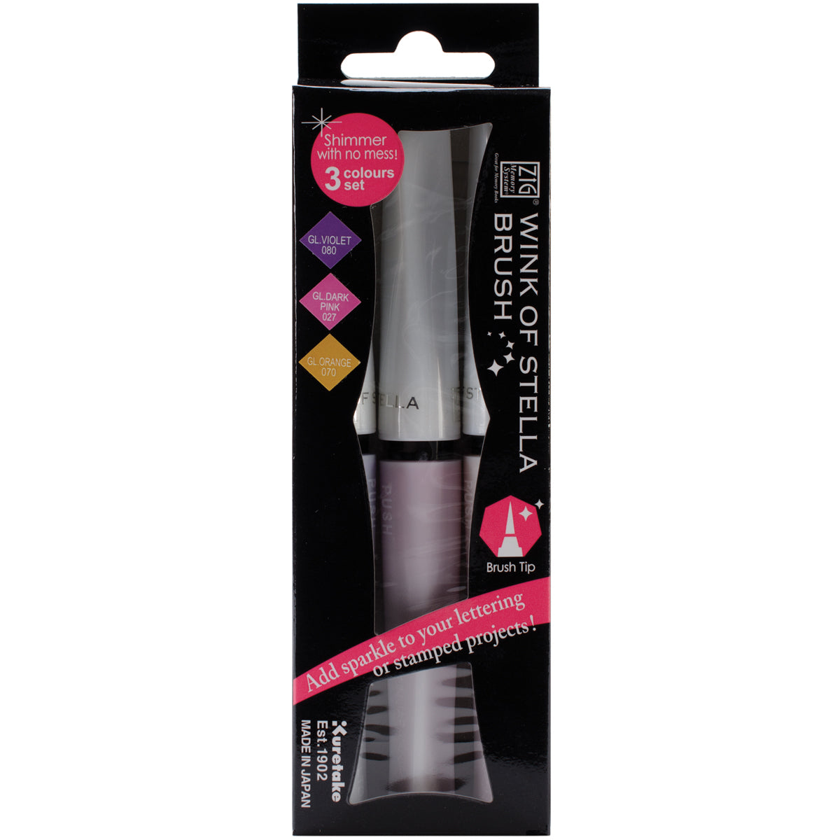 ZIG Memory System Wink of Stella Brush Glitter Markers 3/Pkg - Flower Power - Violet, Dark Pink, Orange