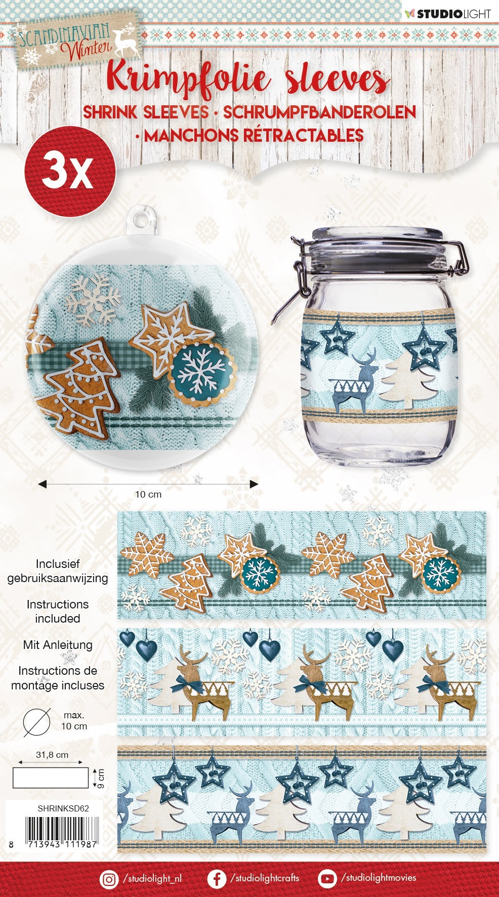 Studio Light Shrink Sleeves 12.5"X3.5" 3/Pkg - Scandinavian Winter, 3 Designs/1 Each