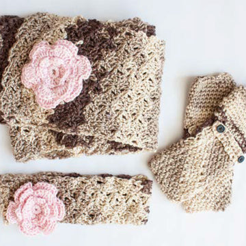 Cozy Posy Headband, Fingerless Gloves and Scarf Set in Caron Simply Soft & Simply Soft Ombre - Downloadable PDF